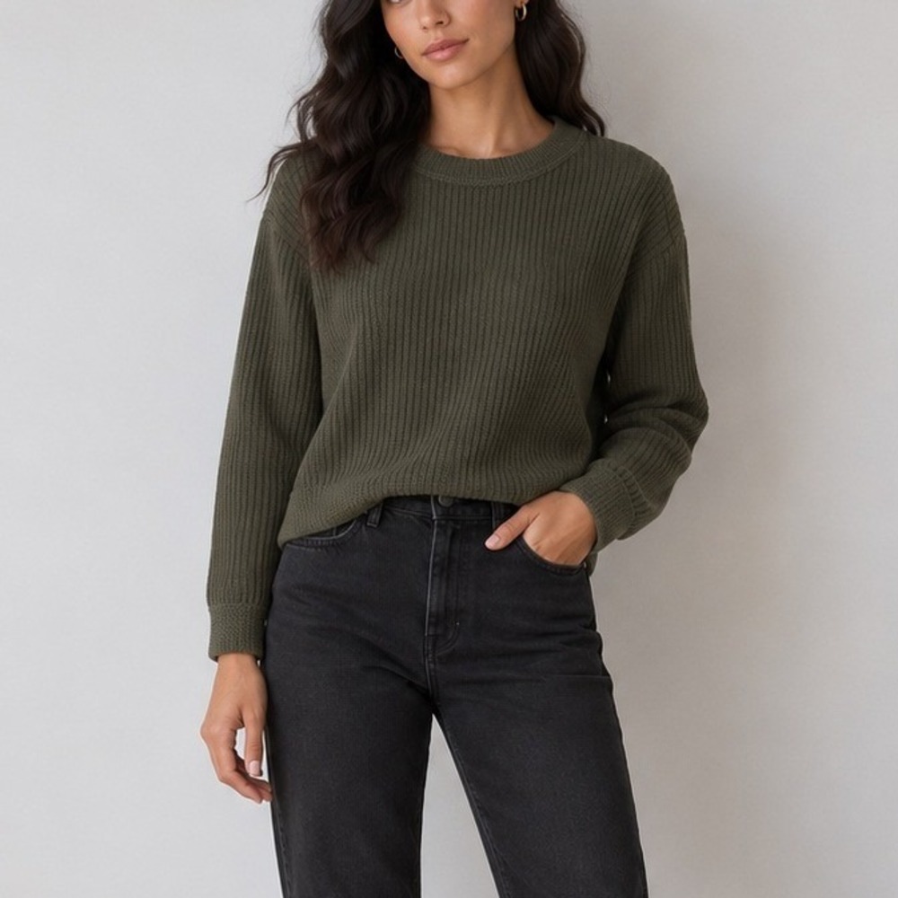 Vintage LizSport Olive Green Cropped Cotton Rib Knit Sweater 90s | Size M